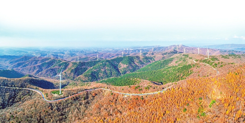 中阳县木孤台成片的风电设施在山间与蜿蜒的公路共同构成一幅动人画卷。刘亮亮摄