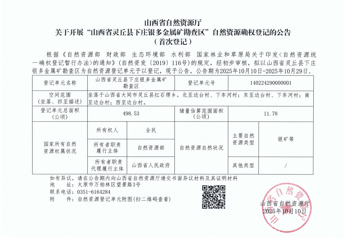 山西省自然资源厅关于开展“山西省灵丘县下庄银多金属矿勘查区”自然资源确权登记的公告(首次登记)